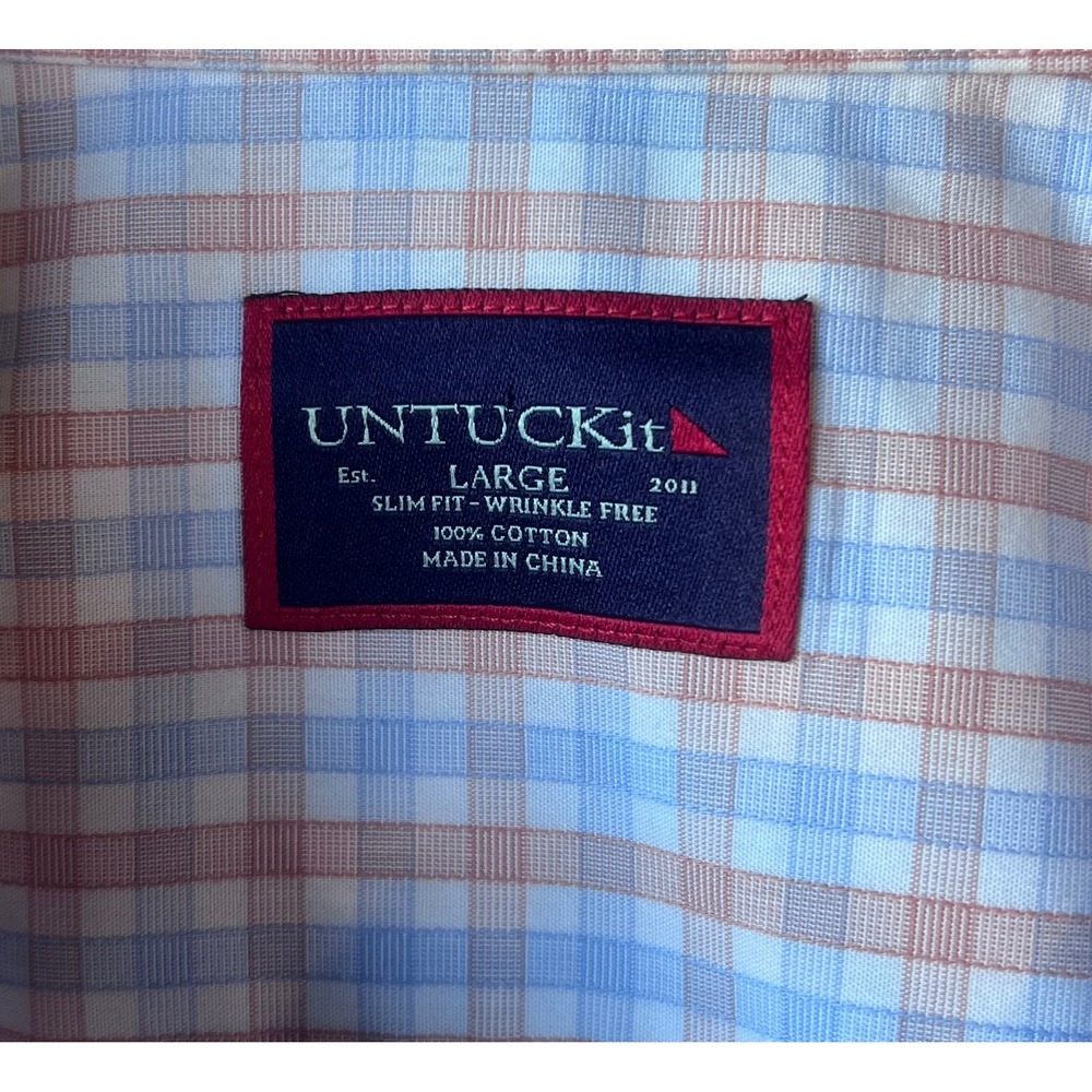UNTUCKit Dezaley Mens Large Slim Fit Wrinkle Free Short Sleeve Gingham Shirt Ora - Picture 3 of 7